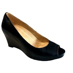 Naturalizer Sienna Womens 8.5M  Black Leather Peep Toe Wedge Heel Pumps Shoes